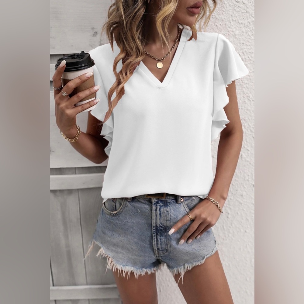 189 Women’s V Neck Pleated Layered Short Sleeve Top